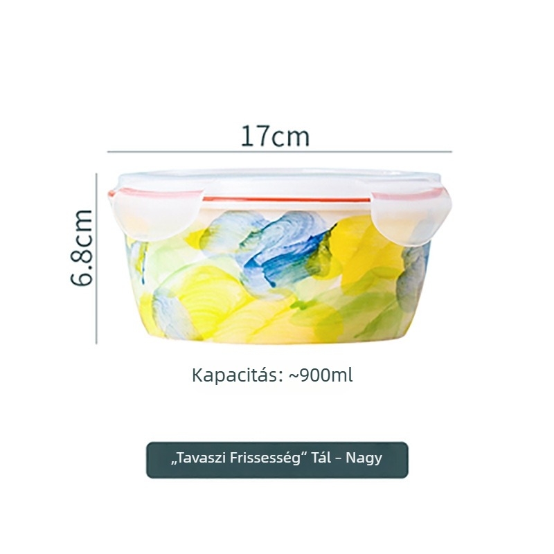 Kerámia ebédtál fedővel, mikrohullámú sütőhöz, 800–1000 ml, hőálló, légmentesen záródó ételtároló tál.