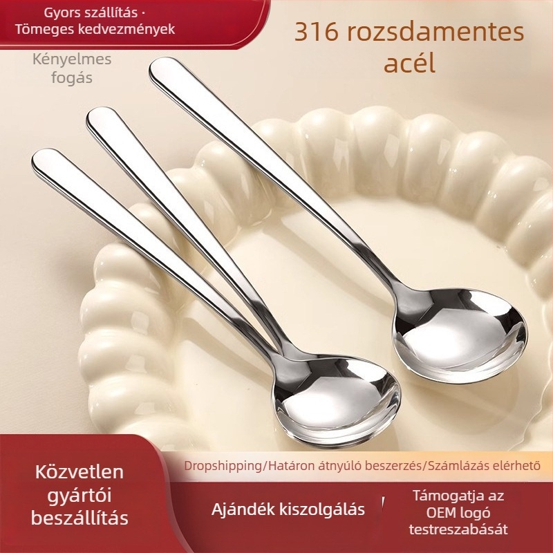 316 rozsdamentes acél kör kanál, kifinomult és elegáns koreai stílusú kanál, háztartási használatra ételhez és leveshez, vastagított hosszú nyéllel