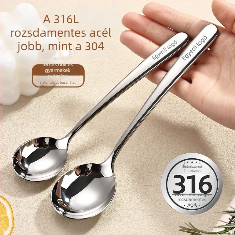 316 rozsdamentes acél kör kanál, kifinomult és elegáns koreai stílusú kanál, háztartási használatra ételhez és leveshez, vastagított hosszú nyéllel
