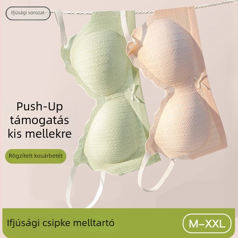 Csipkés melltartó kis méretű melleknek, merevítő nélkül, formázott kosarakkal, lágy támasztással, friss stílus