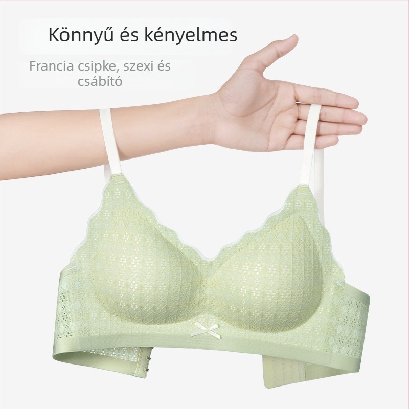 Csipkés melltartó kis méretű melleknek, merevítő nélkül, formázott kosarakkal, lágy támasztással, friss stílus