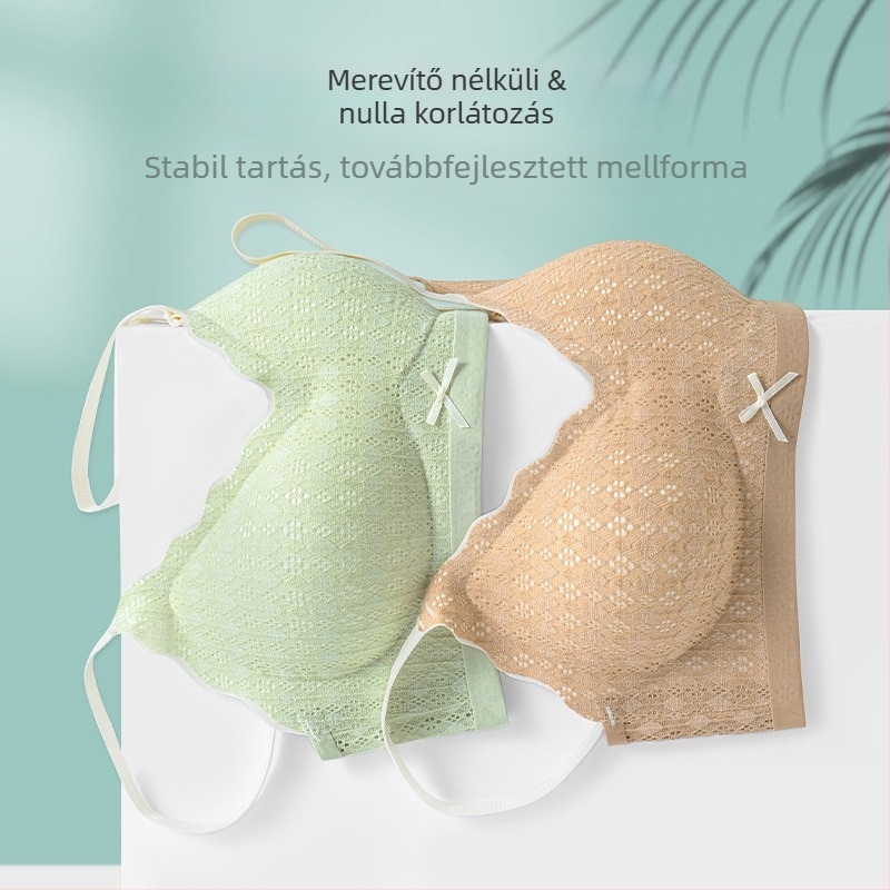Csipkés melltartó kis méretű melleknek, merevítő nélkül, formázott kosarakkal, lágy támasztással, friss stílus