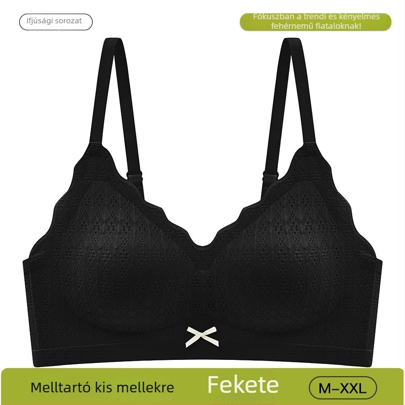 Csipkés melltartó kis méretű melleknek, merevítő nélkül, formázott kosarakkal, lágy támasztással, friss stílus