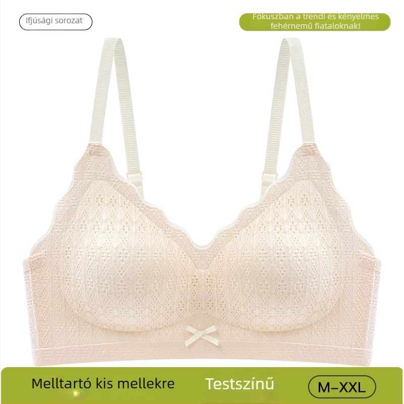 Csipkés melltartó kis méretű melleknek, merevítő nélkül, formázott kosarakkal, lágy támasztással, friss stílus