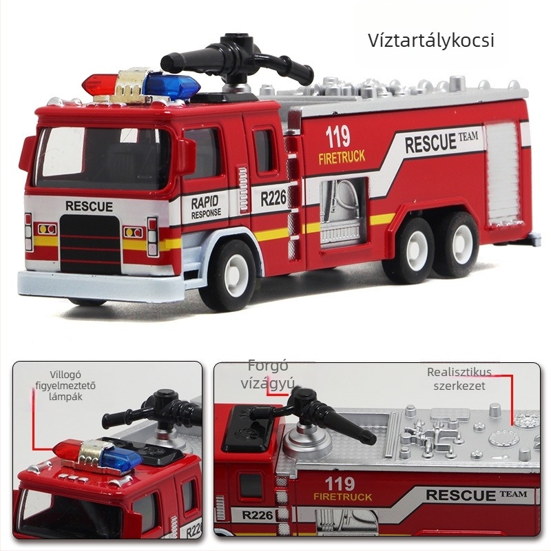 Ötvözetből készült tűzoltóautó játékmodell fényekkel és zenével, visszahúzható mechanizmus, 1:32-es méretarány, gyermekeknek.