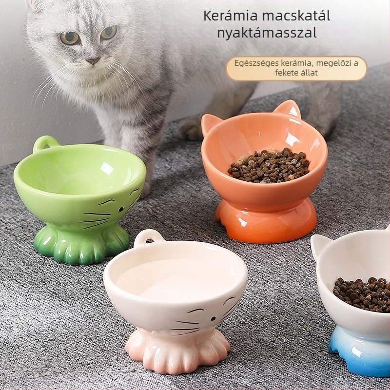 Kerámiából készült macska tál, etetésre és ivásra, ferde peremmel és magas alappal, felborulás elleni