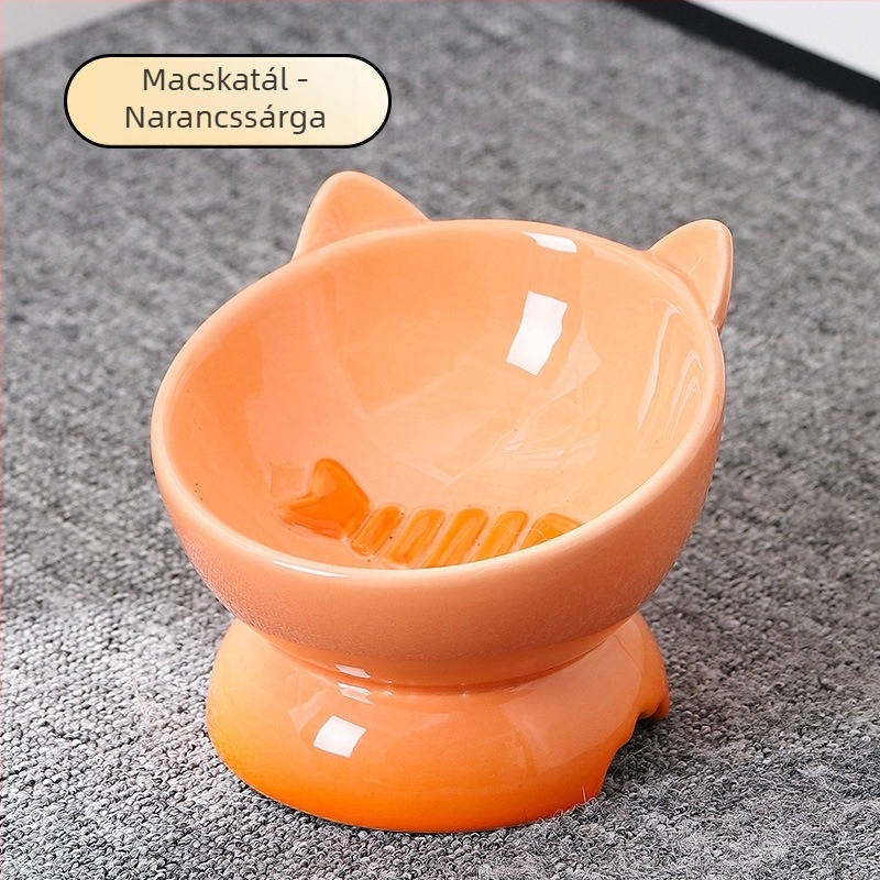 Kerámiából készült macska tál, etetésre és ivásra, ferde peremmel és magas alappal, felborulás elleni
