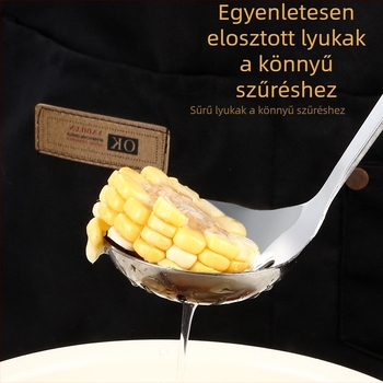 Rozsdamentes acélból készült szív alakú leveskanál szűrővel – ideális forró edényekhez és zabkásához.