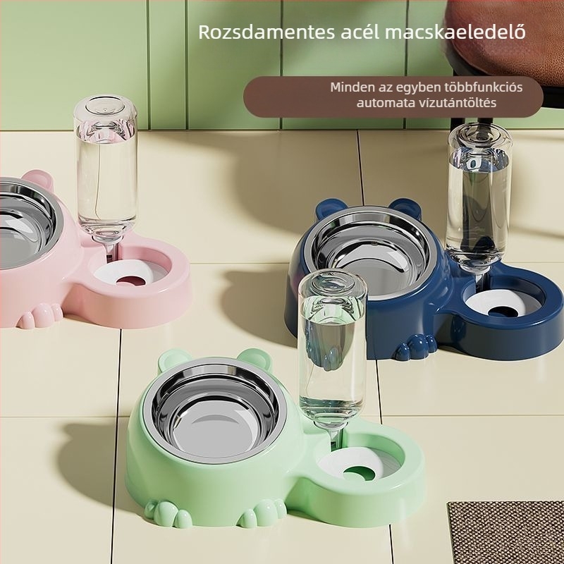 Automata nagy kapacitású víz- és etetőtál háziállatok számára, dupla tál, rozsdamentes acélból