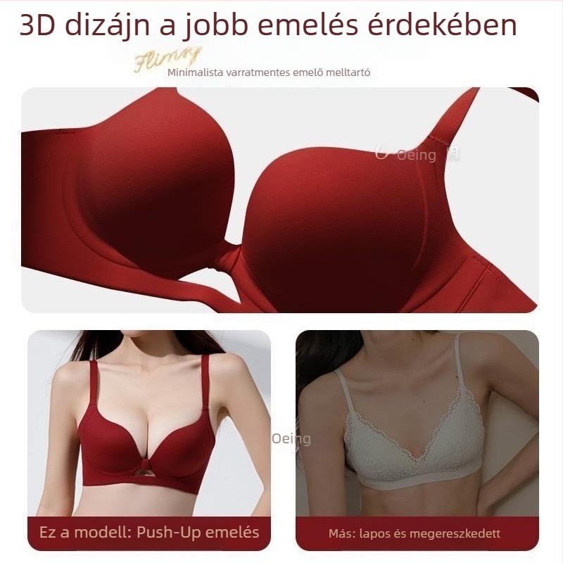 Piros drót nélküli Push-Up melltartó, pamutból, varratmentes, 3/4 kosár, kényelmes és lélegző