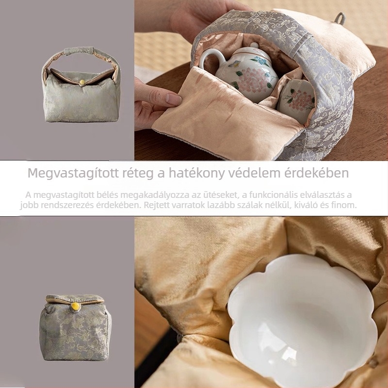 Új kínai stílusú vastagított teáskészlet tároló táska, vászon hordtáska teáskannával és teáscsészékkel
