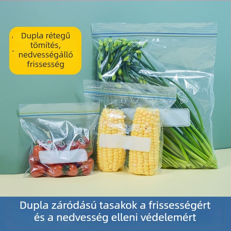 Élelmiszer-tároló zacskó, háztartási használatra, önzáró, élelmiszer-minőségű, hűtő- és fagyasztó-kompatibilis, gazdaságos csomag