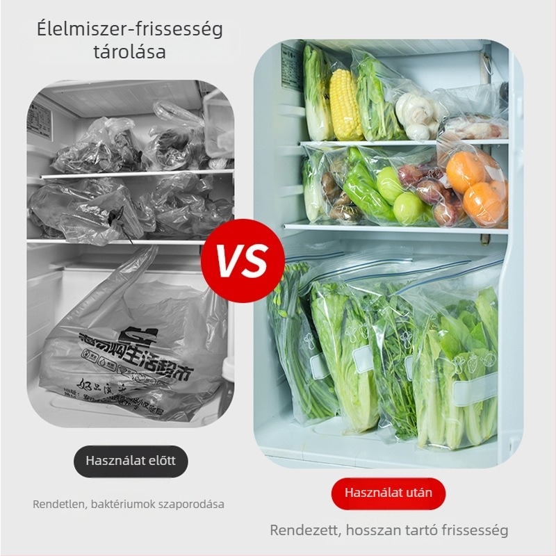 Élelmiszer-tároló zacskó, háztartási használatra, önzáró, élelmiszer-minőségű, hűtő- és fagyasztó-kompatibilis, gazdaságos csomag