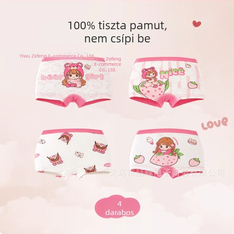 Pamut boxer alsónemű lányoknak, tavasz–ősz, koreai stílus, rajzfilmszerű mintával, középmagas derekú, 3–8 éveseknek