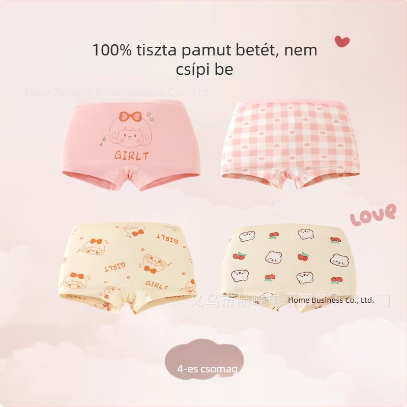 Pamut boxer alsónemű lányoknak, tavasz–ősz, koreai stílus, rajzfilmszerű mintával, középmagas derekú, 3–8 éveseknek