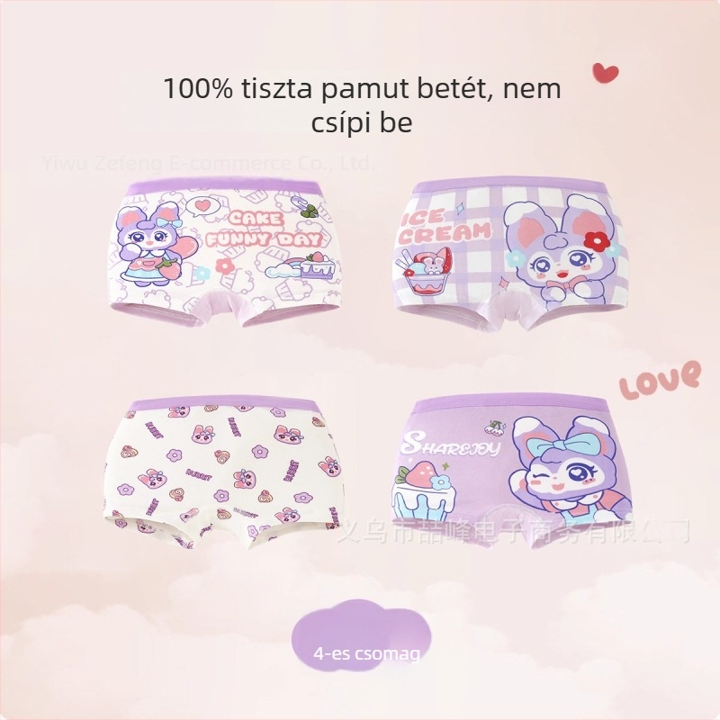 Pamut boxer alsónemű lányoknak, tavasz–ősz, koreai stílus, rajzfilmszerű mintával, középmagas derekú, 3–8 éveseknek
