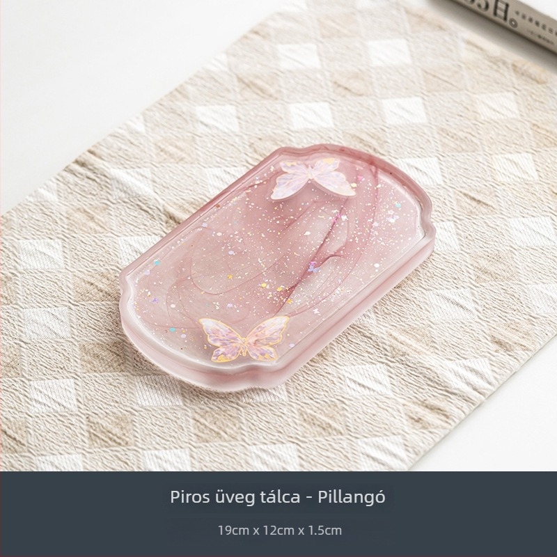 Kínai stílusú üveg teás tálca, kis tál pillangó mintával, Gongfu tea készlet kiegészítő, teáskanna tartó, otthonra és kültérre