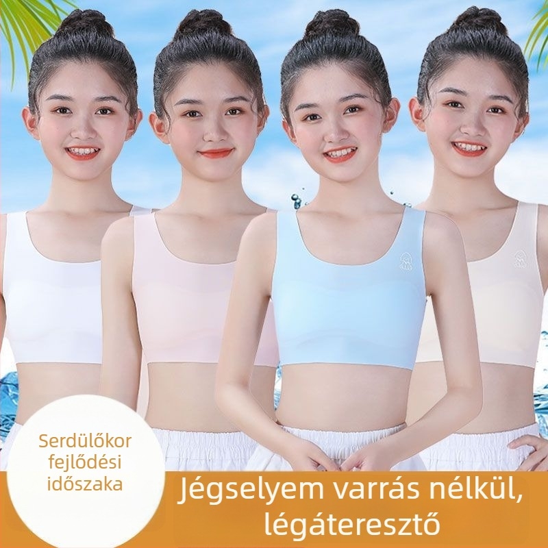 Lányoknak: Bevarrat nélküli ice silk anyagú top, lélegző sportos alsónemű 7–16 éveseknek