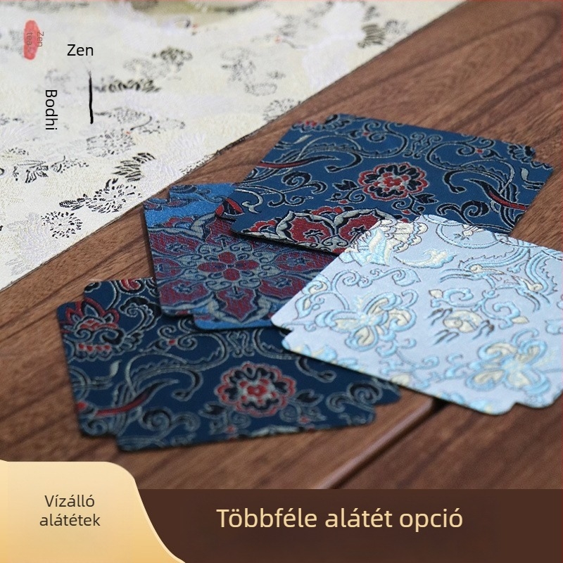 Kétoldalas, vízálló teáscsésze alátét kínai stílusú textilből, teáskanna tartó és teaceremónia kiegészítő