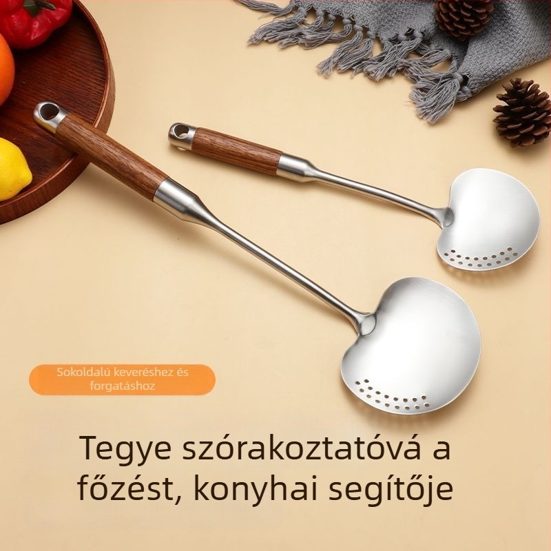 304 rozsdamentes acél konyhai spatula, hosszú fa nyéllel és égésvédő kialakítással, perforált fej gomba alakú sütéshez