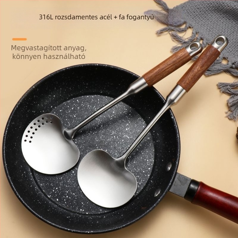 304 rozsdamentes acél konyhai spatula, hosszú fa nyéllel és égésvédő kialakítással, perforált fej gomba alakú sütéshez