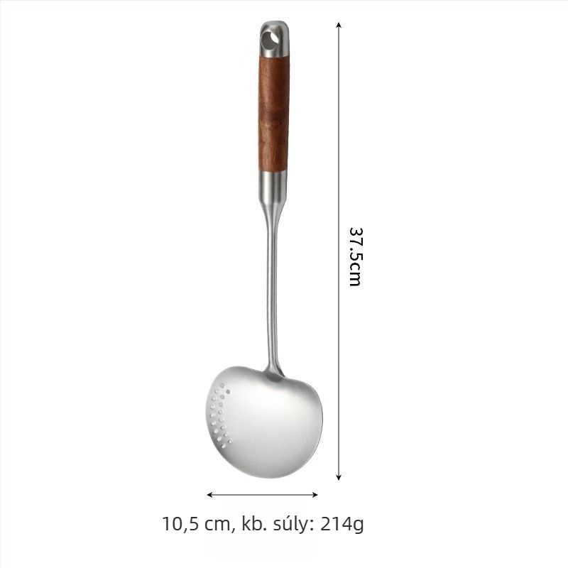 304 rozsdamentes acél konyhai spatula, hosszú fa nyéllel és égésvédő kialakítással, perforált fej gomba alakú sütéshez