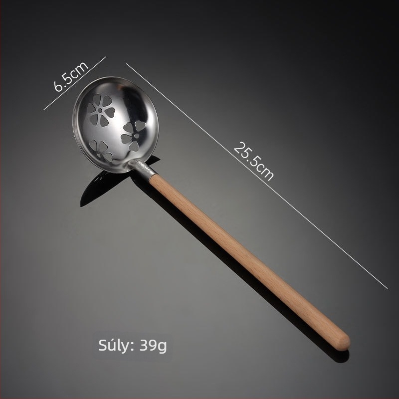 304 rozsdamentes acél leveskanál szűrővel, japán stílusú fa nyéllel, mini méretű, hőálló konyhai eszköz