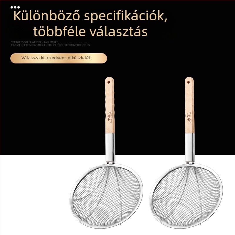 Nagy rozsdamentes acél szűrőkanál, fa fogantyúval, sütéshez és lecsepegtetéshez