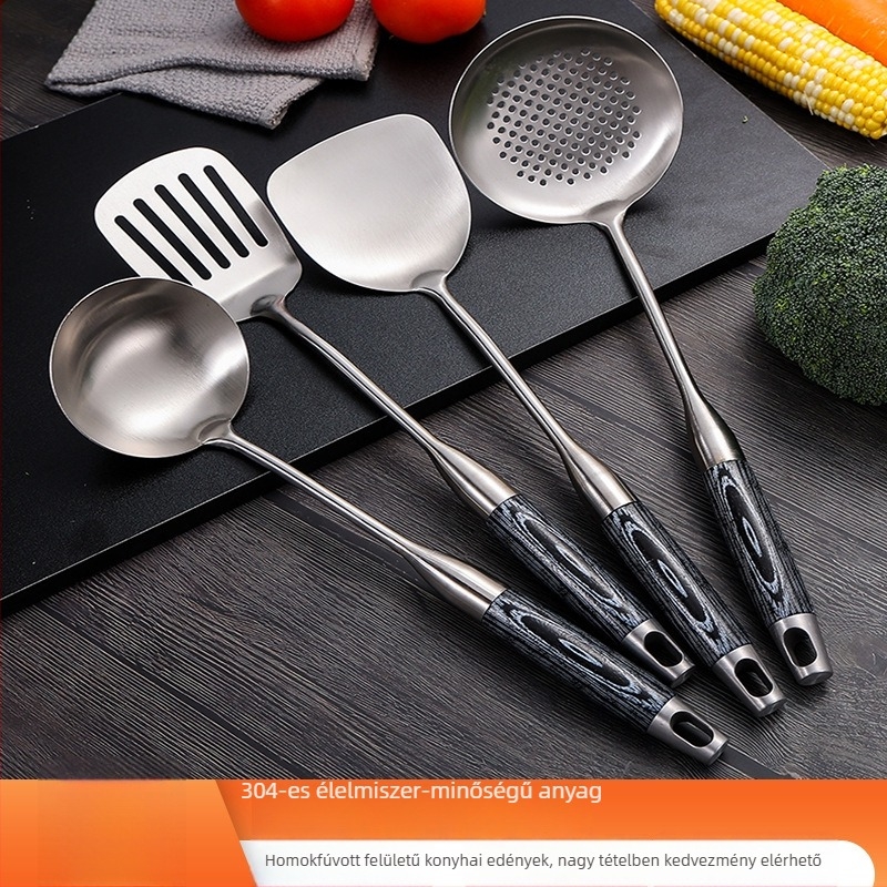 304 rozsdamentes acélból készült konyhai készlet, hosszú nyelekkel és faból készült markolattal: leveskanál, lyukas kanál, főző spatula és sütő spatula