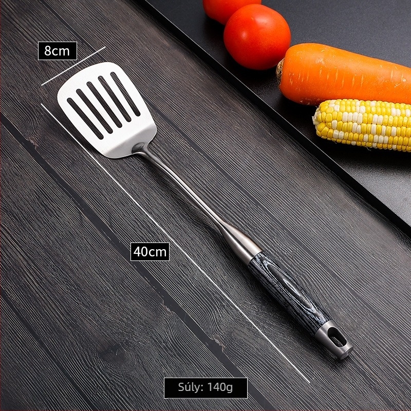 304 rozsdamentes acélból készült konyhai készlet, hosszú nyelekkel és faból készült markolattal: leveskanál, lyukas kanál, főző spatula és sütő spatula