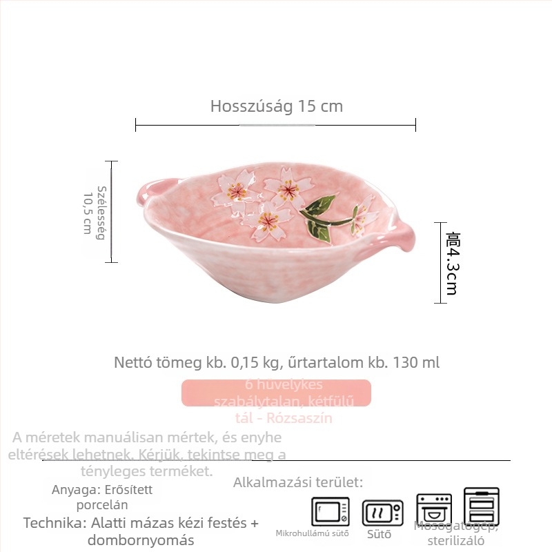 Kézzel festett alglazúros virágmintás porcelán snack- és desszerttál, szabálytalan alakú, átmérője 15–16 cm, mikrohullámú sütőben használható.