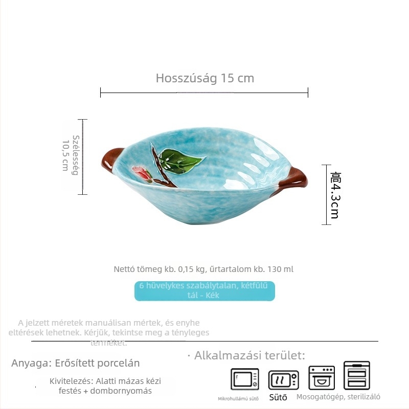Kézzel festett alglazúros virágmintás porcelán snack- és desszerttál, szabálytalan alakú, átmérője 15–16 cm, mikrohullámú sütőben használható.