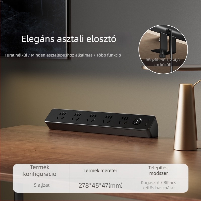 JOYE USB-asztali csipeszes aljzat irodai használatra, állítható, levehető ragasztó tartóval