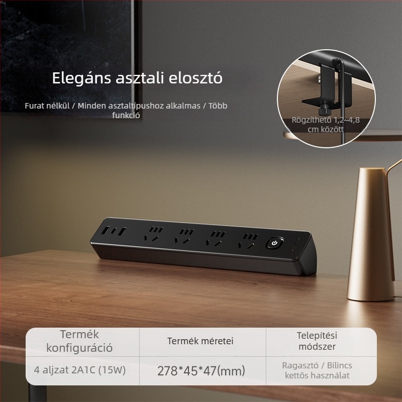 JOYE USB-asztali csipeszes aljzat irodai használatra, állítható, levehető ragasztó tartóval