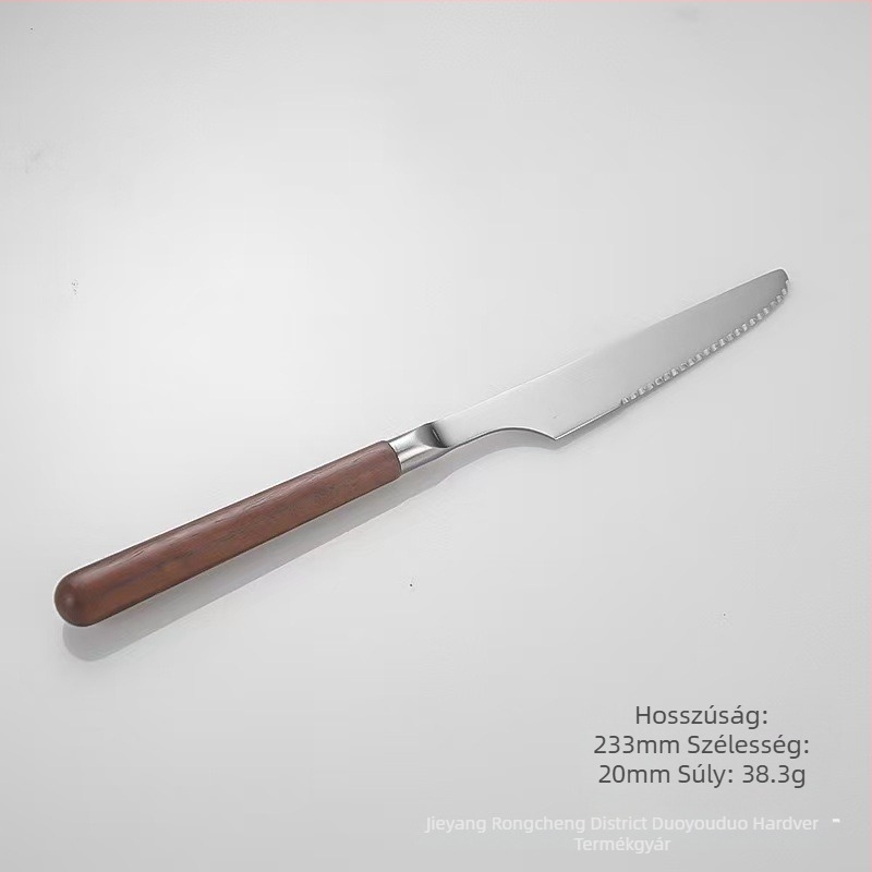 304 rozsdamentes acélból készült steak kés és villa diófa nyéllel, kanállal