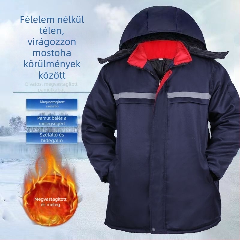 Téli pamuttal bélelt dzseki fényvisszaverő csíkokkal, munkaruházathoz, hideg elleni védelem
