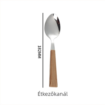Személyre szabott rozsdamentes acél evőeszköz készlet imitációs fa fogantyúval, háztartási használatra, retro stílusú steak kés, villa és desszertkanál