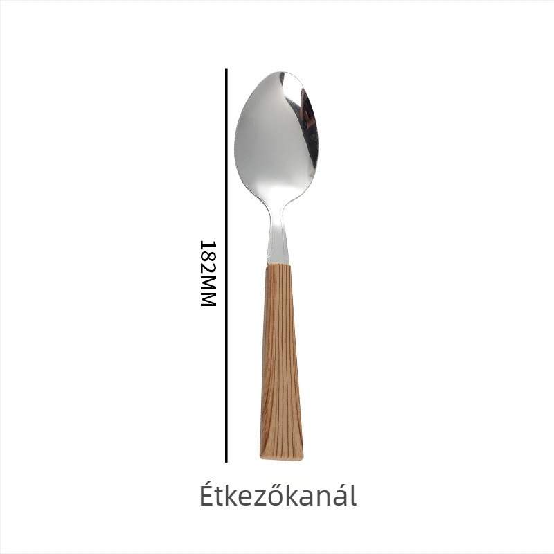 Személyre szabott rozsdamentes acél evőeszköz készlet imitációs fa fogantyúval, háztartási használatra, retro stílusú steak kés, villa és desszertkanál