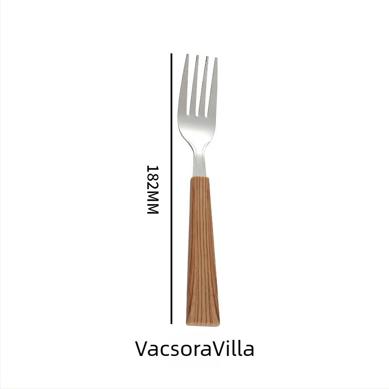 Személyre szabott rozsdamentes acél evőeszköz készlet imitációs fa fogantyúval, háztartási használatra, retro stílusú steak kés, villa és desszertkanál
