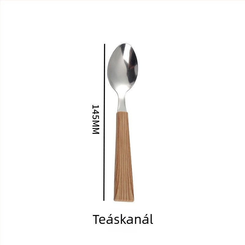 Személyre szabott rozsdamentes acél evőeszköz készlet imitációs fa fogantyúval, háztartási használatra, retro stílusú steak kés, villa és desszertkanál