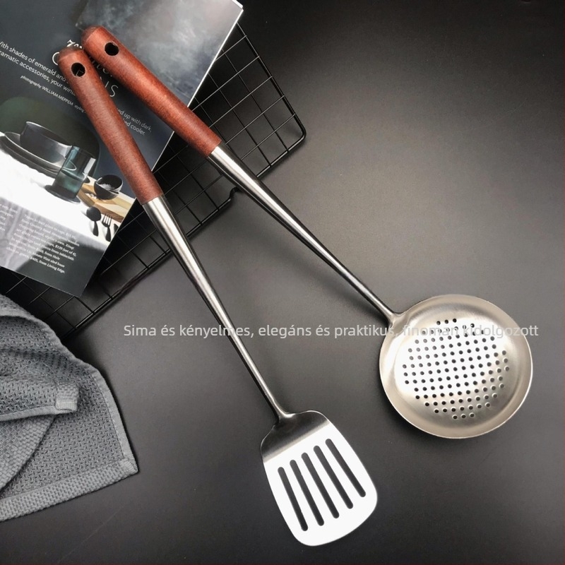 Rozsdamentes acél serpenyőkanál és spatula készlet rózsafa nyéllel
