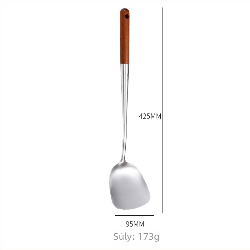 Rozsdamentes acél serpenyőkanál és spatula készlet rózsafa nyéllel