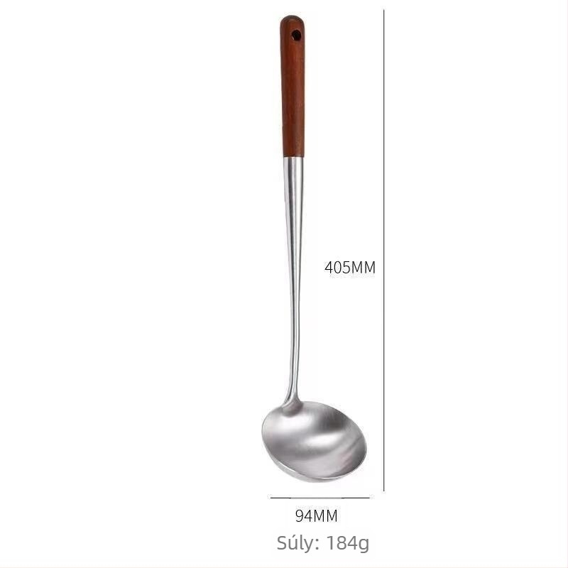 Rozsdamentes acél serpenyőkanál és spatula készlet rózsafa nyéllel