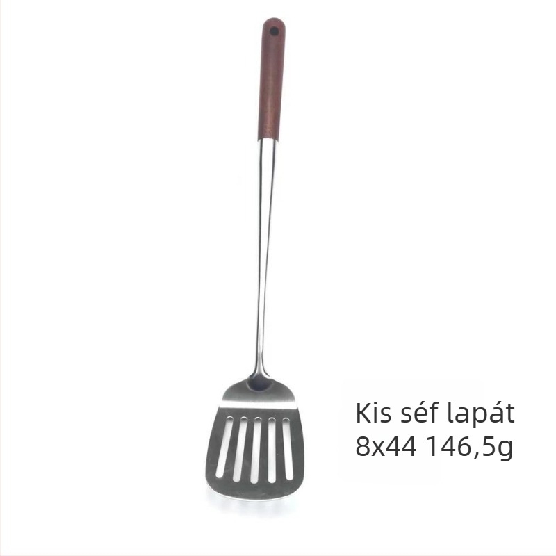 Rozsdamentes acél serpenyőkanál és spatula készlet rózsafa nyéllel