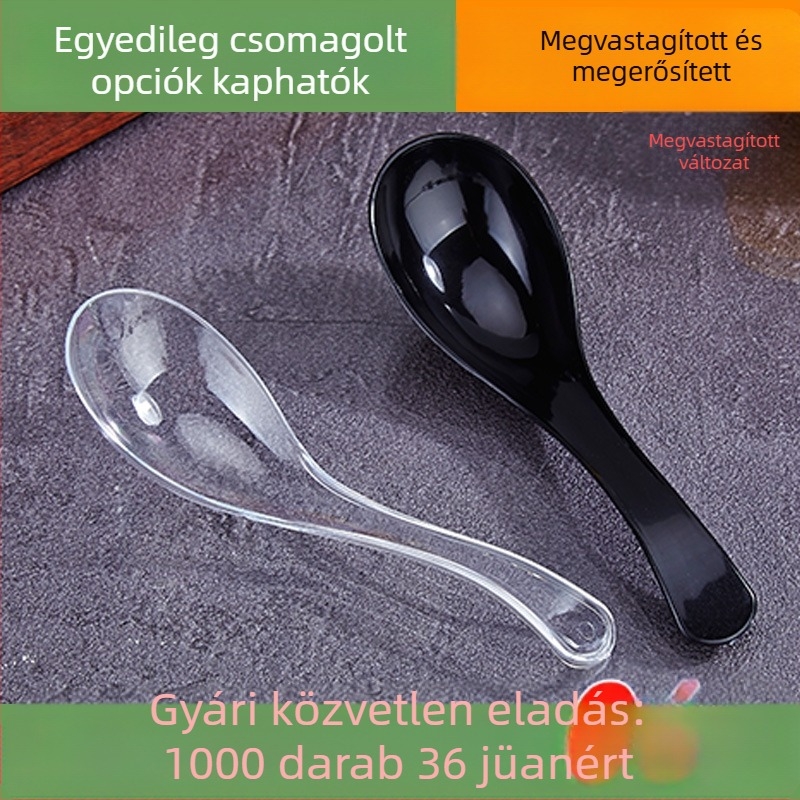 Egyszer használatos műanyag kanalak, egyedi csomagolásban, vastagított kivitelben; alkalmas leveshez, rizshez és desszerthez.