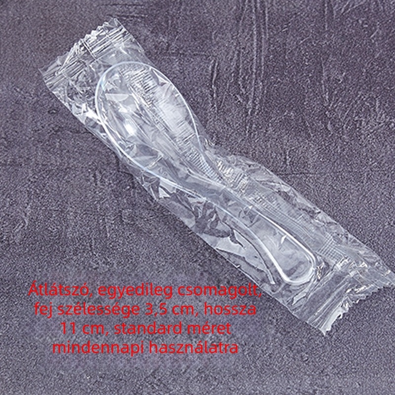 Egyszer használatos műanyag kanalak, egyedi csomagolásban, vastagított kivitelben; alkalmas leveshez, rizshez és desszerthez.