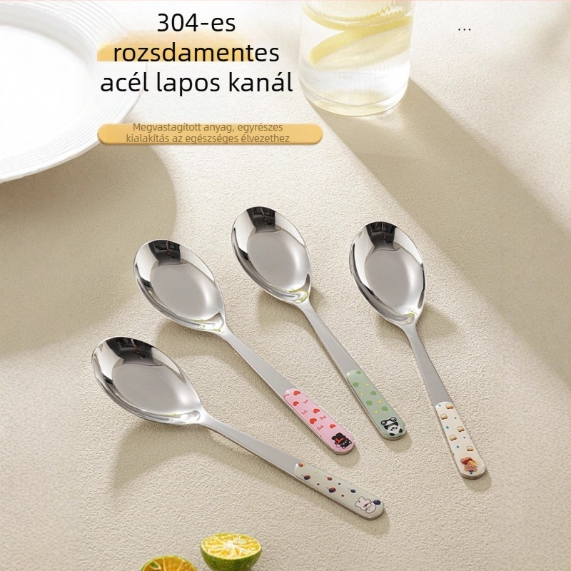 304 rozsdamentes acél kanál, élelmiszer-minőség, gyerekeknek, lapos aljú asztali kanál leveshez és étkezéshez