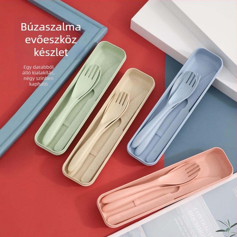 Új búzaszálból készült kreatív evőeszköz-készlet, hordozható utazási gyermek étkészlet, három darabos tároló készlet