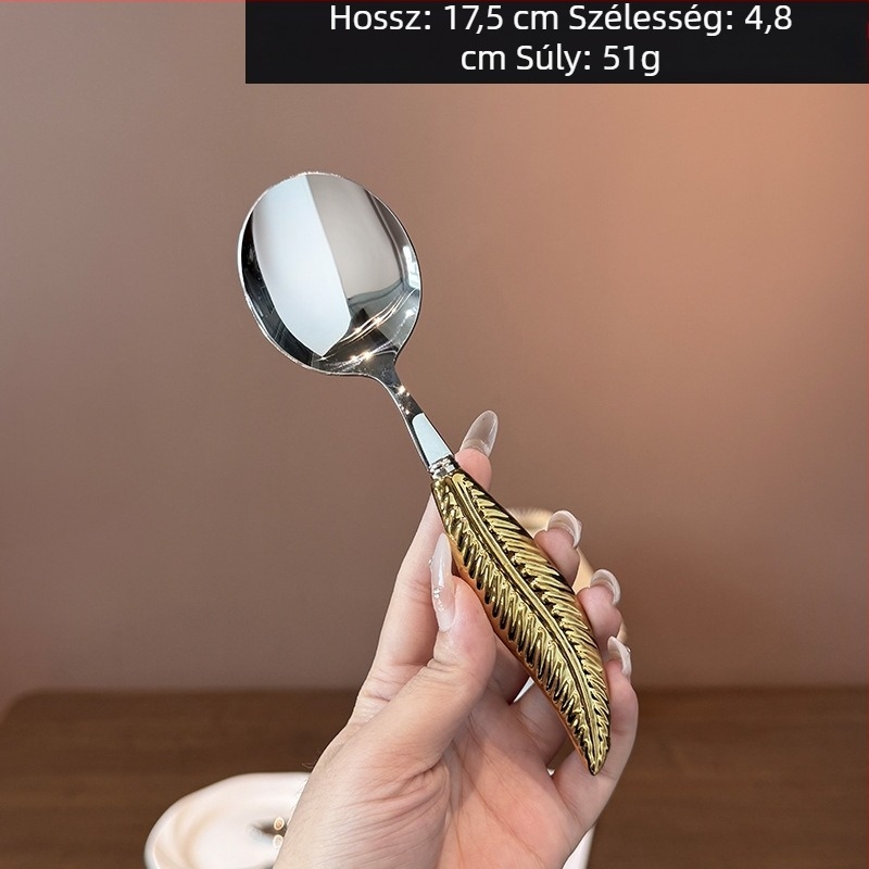 304 rozsdamentes acélból készült nyugati étkészlet toll alakú kerámia nyéllel — kés, villa és kanál, valamint kerek kanál
