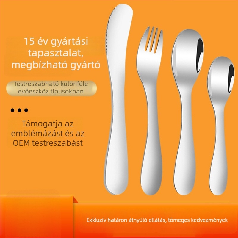 Rozsdamentes acélból készült négy részes evőeszköz-készlet: kés, villa, leveseskanál és desszertkanál